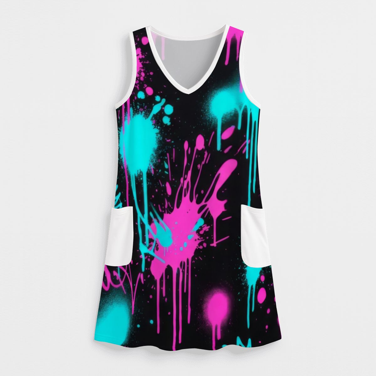Red Splash Print Sleeveless Dress with Pockets