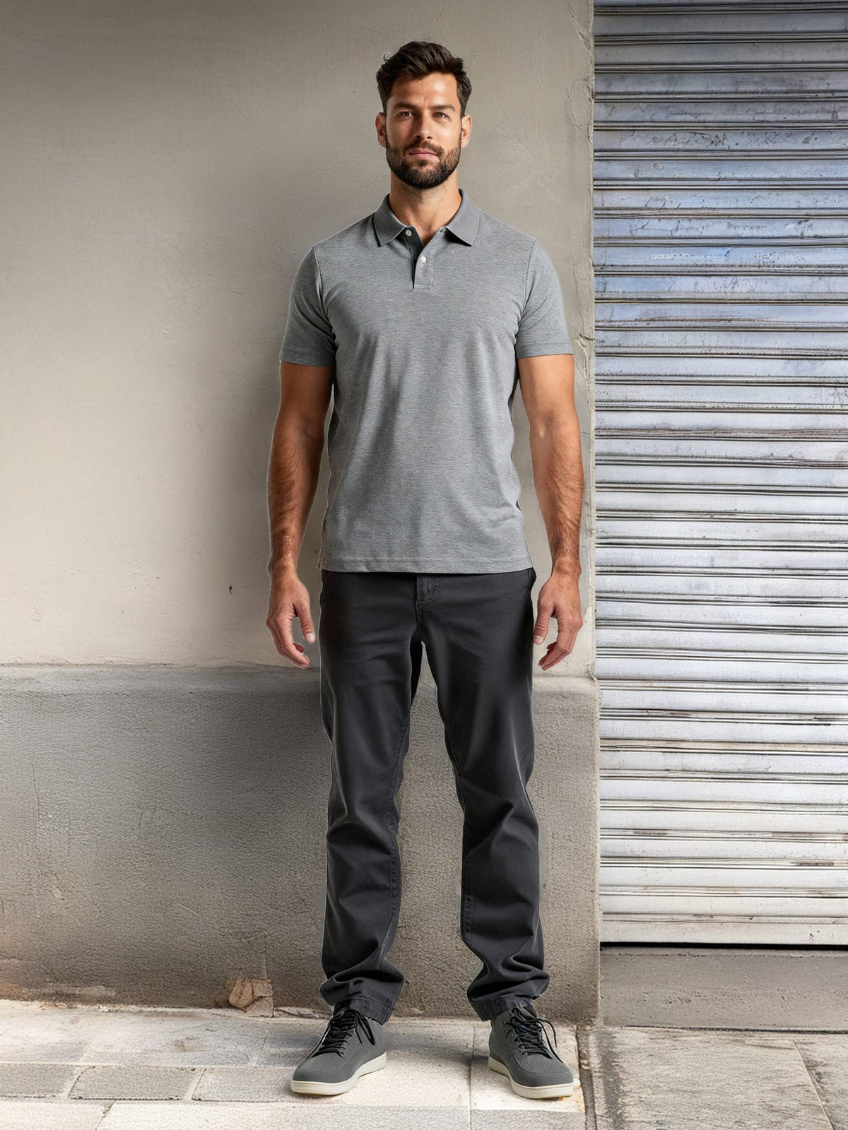 Shadow Stripe Polo — lifestyle (street)